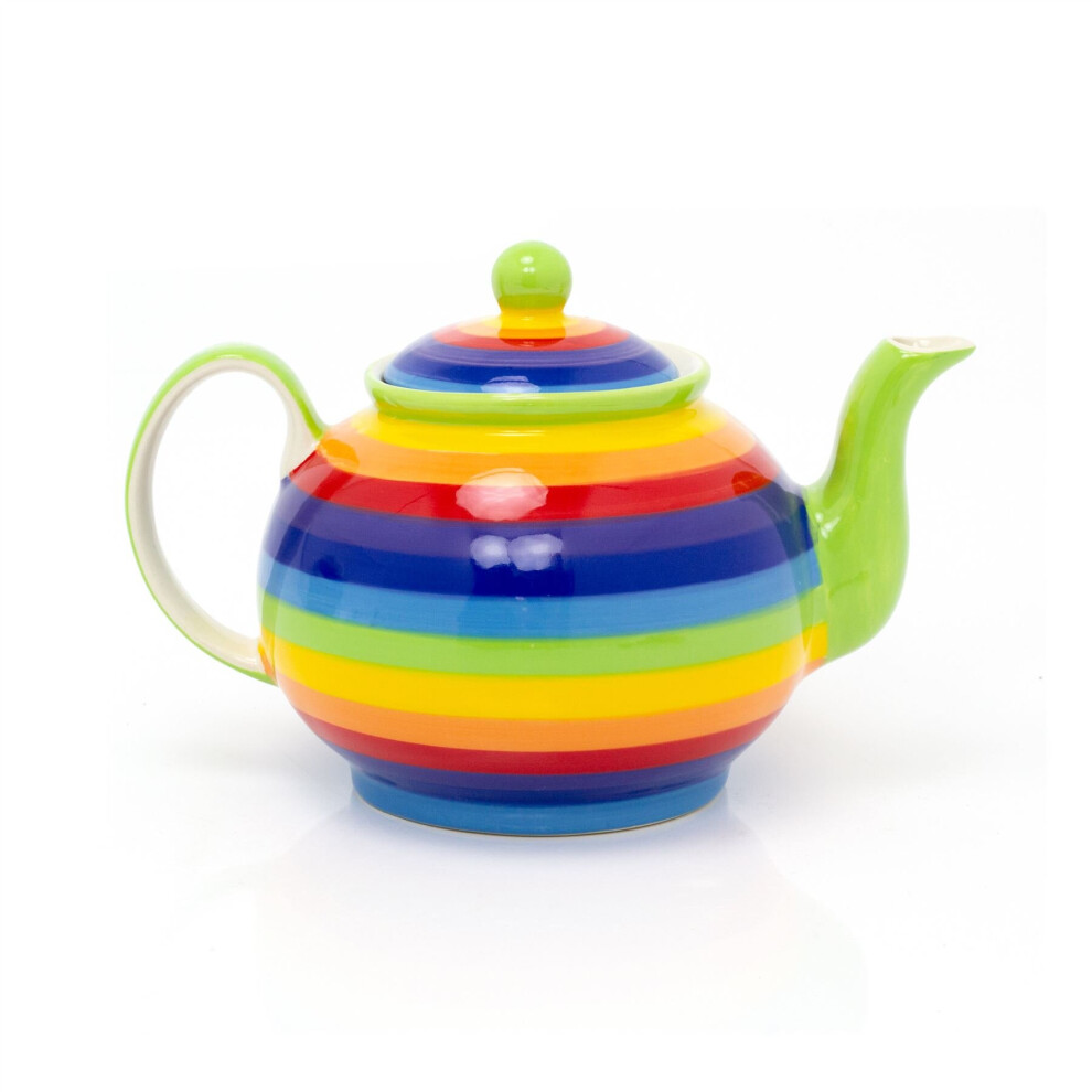 Hand Painted Rainbow Stripe Ceramic Large Teapot | 1 Litre Striped 4 Cups Tea Pot | Multicoloured Traditional Teapot