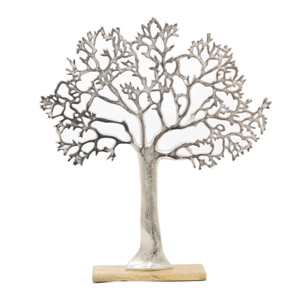63cm Elegant Silver Tone Tree Of Life Sculpture | Extra Large Silver Metal Tree Ornament On Wooden Base | Aluminium Family Tree Wood Stand