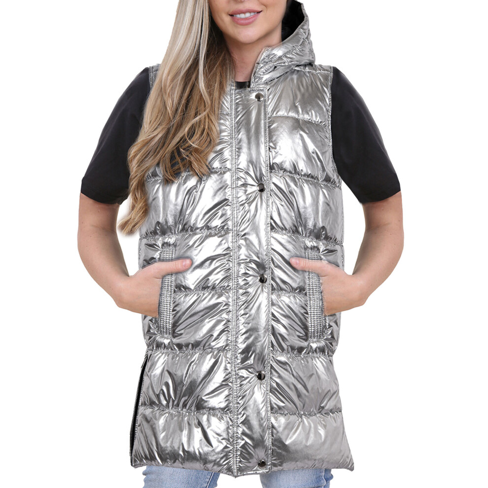 (S, Silver Foil) Ladies Oversized Gilet Long Line Style Jacket