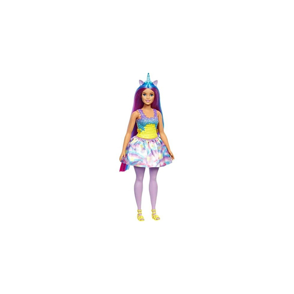 Barbie Dreamtopia Unicorn Doll (Curvy, Blue & Purple Hair), With Skirt, Removable Unicorn Tail & Headband, Toy for Kids Ages 3 Years Old and