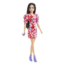 Poup  e Barbie Fashionistas n   177 avec de longs cheveux noirs, une robe fleurie    blocs de couleur et des accessoires, dont des talons violets