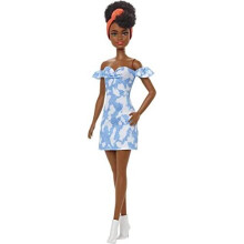 Barbie Fashionistas Puppe #185 mit schwarzem Dutt, gebleichtem Denim-Kleid, Stiefeln & Haarband