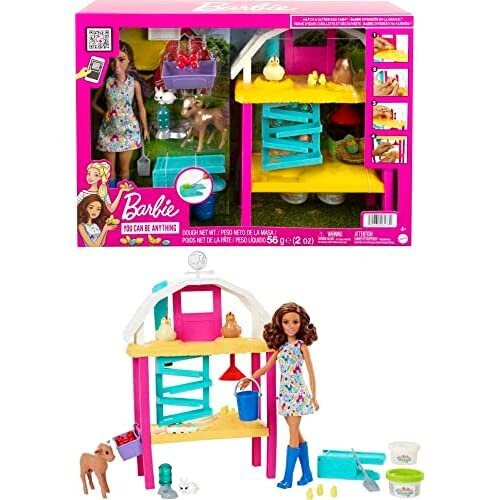 Barbie HGY88 Chicken Yard Play Set with Doll Brunette Animals and Various Accessories Toy for Children from 4 Years
