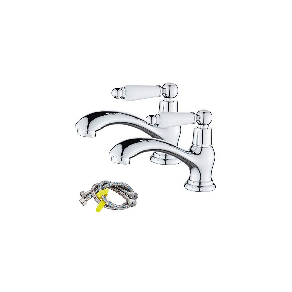 Maynosi Bathroom Basin Pillar Taps, Pair Basin Sink Taps With Dual Ceramic Levers, Traditional Faucet For Washroom, 1/4 Turn, Include Flexib 779776919341