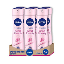 Nivea Pearl & Beauty Women's Deodorant Spray in Pack of 6 x 150 ml with Pearl Extracts for Bright and Soft Skin, Deo Antiperspirant Spray fo