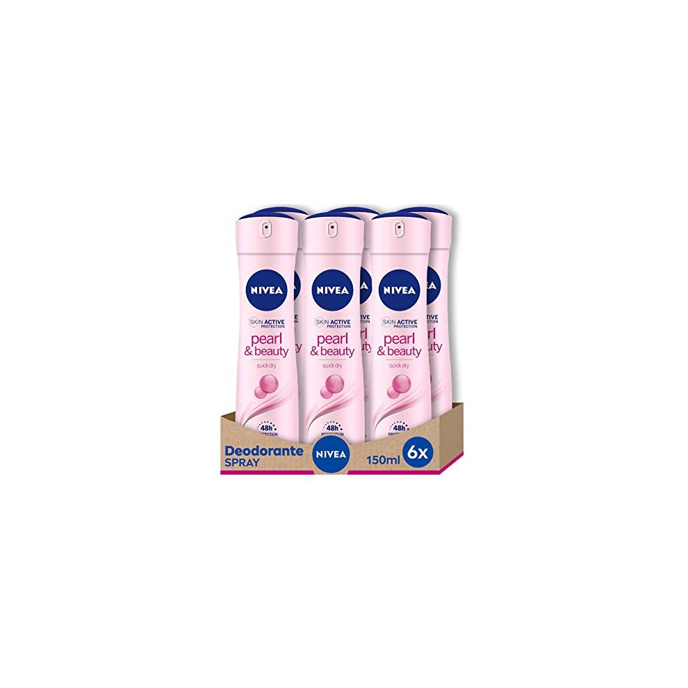 Nivea Pearl & Beauty Women's Deodorant Spray in Pack of 6 x 150 ml with Pearl Extracts for Bright and Soft Skin, Deo Antiperspirant Spray fo