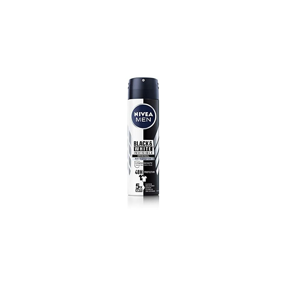 Nivea Black/White Men & Invisible Deodorant Spray (150 Ml), Antiperspirant With Anti-Stain Formula With 48H Protection And Men Care Co
