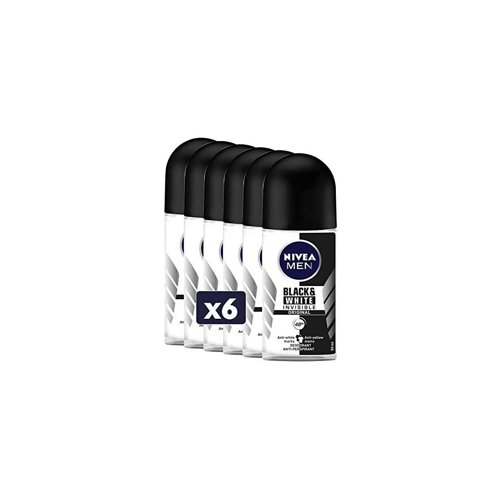 6x Nivea MEN Invisible Black & White Deodorant 48H Anti-Perspirant ROLL ON 50ml