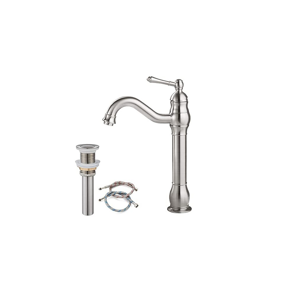Brushed Nickel Bathroom Vessel Sink Faucet With Pop Up Drain Single Lever Handle 1 Hole Bowl Sink Mixer Tap Tall Spout Lavatory Vanity 769390153108