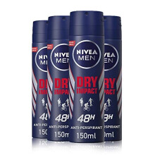 NIVEA MEN Dry Impact Anti-Perspirant Deodorant Spray Pack of 4 (4 x 150ml), Men's Anti-Perspirant Deodorant, Dual Active Formula Deodorant S