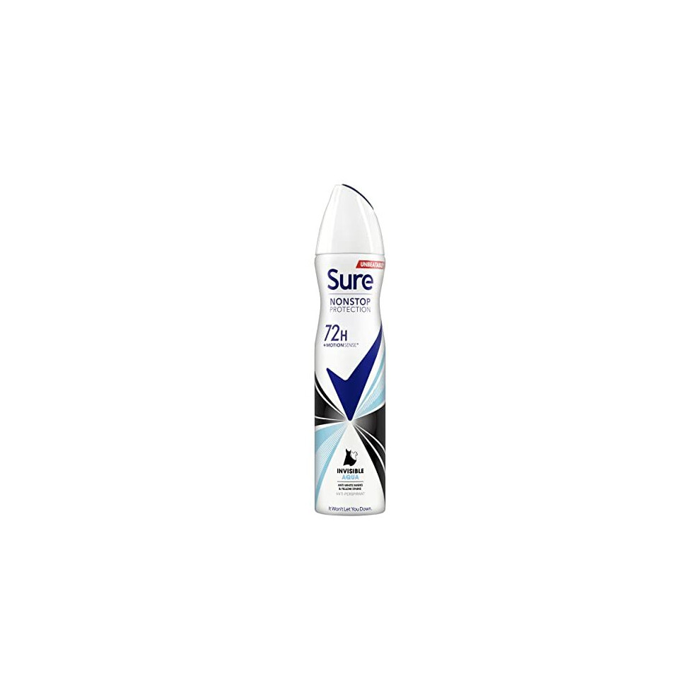 Sure Invisible Aqua Nonstop Protection leaves no white marks or yellow stains on clothes Anti-perspirant Deodorant Aerosol 72h protection an