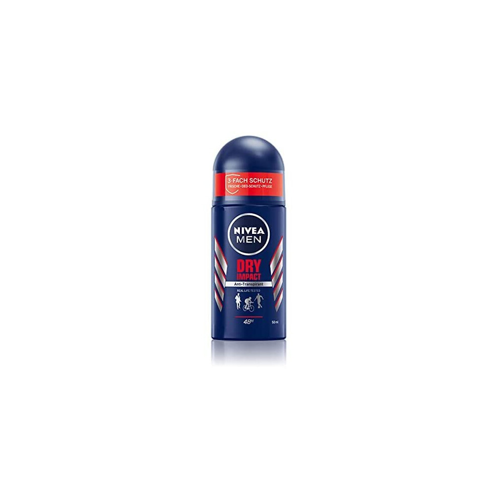 NIVEA MEN Dry Impact Roll-On Deodorant (50 ml), Antiperspirant for Dry Skin Feeling, 72 Hours Sweat Protection and Dual Active Formula