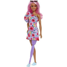 Barbie Fashionistas Puppe #189 mit pinkem Haar & Prothesenbein in floralem Kleid & Zubehör