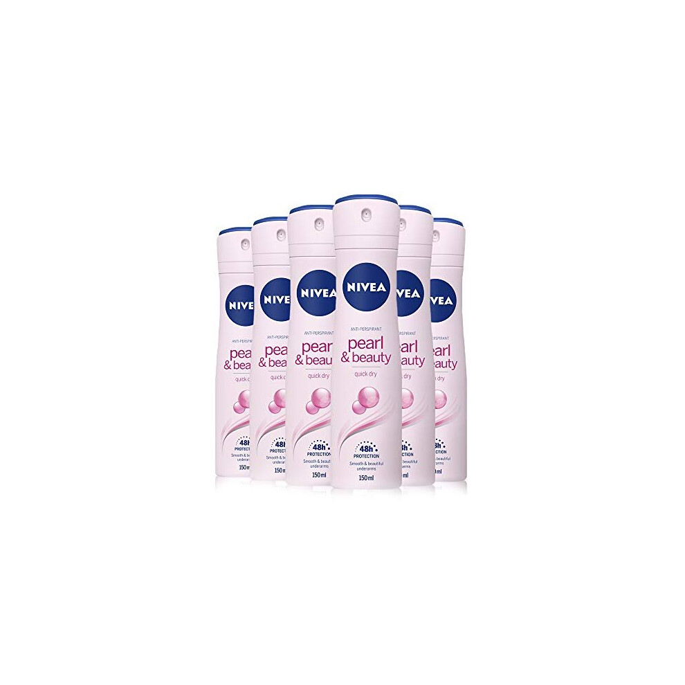 NIVEA Pearl & Beauty Anti-Perspirant Deodorant Pack of 6 (6 x 150ml), 48hr Deodorant for Women, Anti-Perspirant Spray for Women, with A Gent