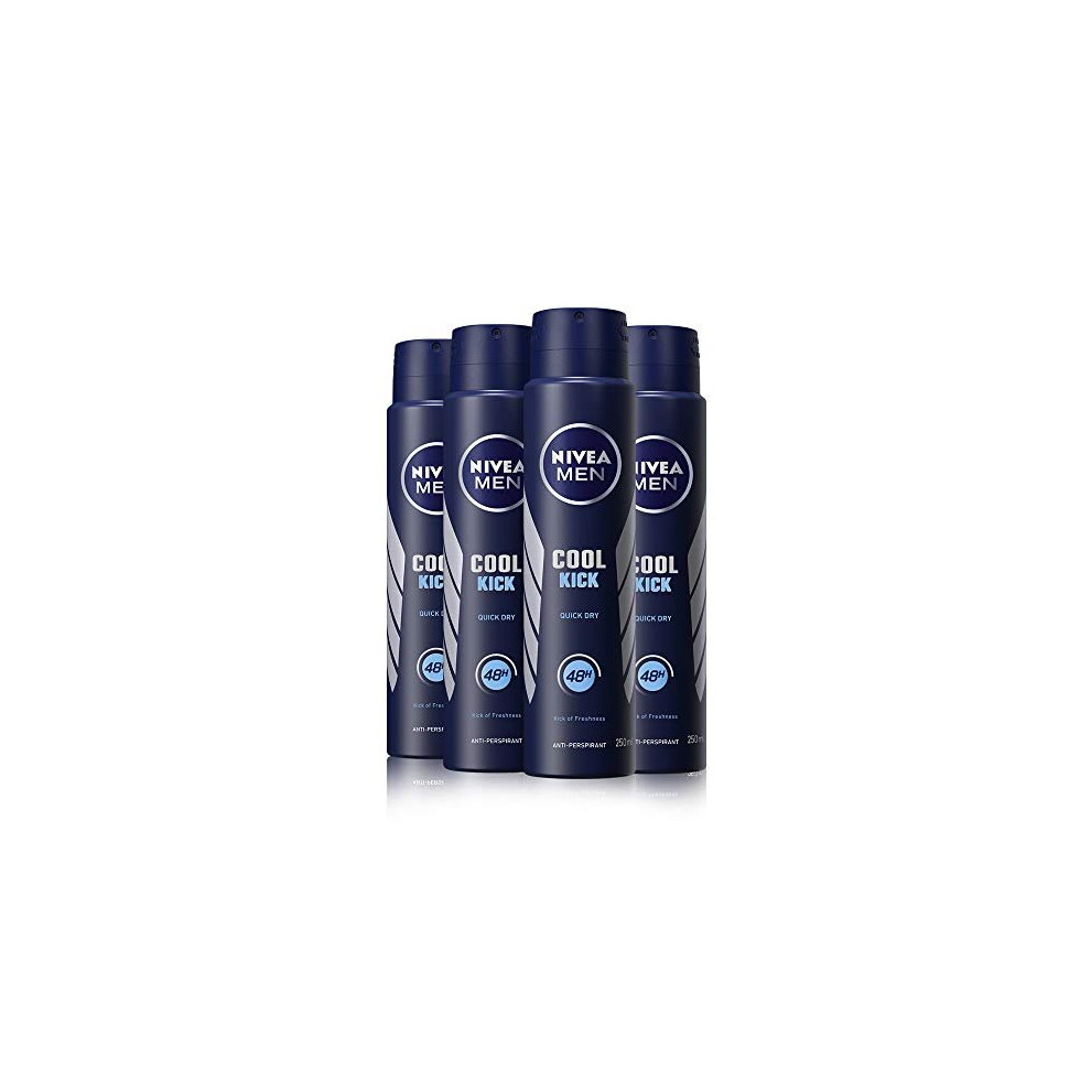 NIVEA MEN Cool Kick Anti-Perspirant Deodorant Spray Pack of 4 (4 x 250ml), Men's Anti-Perspirant Deodorant, Fresh 48H Protection Deodorant M