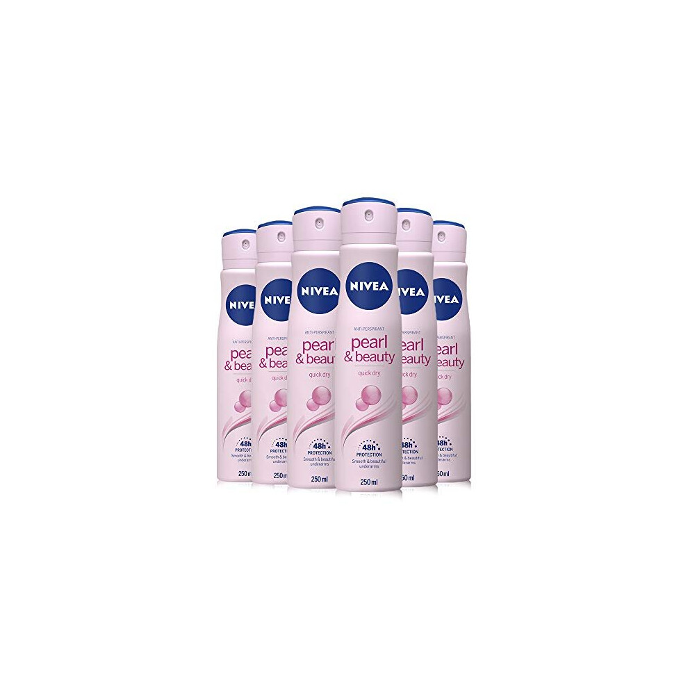 NIVEA Pearl & Beauty Anti-Perspirant Deodorant Pack of 6 (6 x 250ml), 48hr Deodorant for Women, Anti-Perspirant Spray for Women, with A Gent