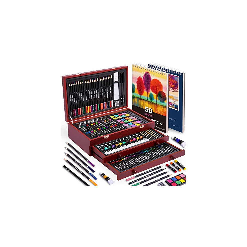 175 Piece Deluxe Art Set with 2 Drawing Pads, Acrylic Paints,Crayons,Colored Pencils,Paint Set in Wooden Case,Professional Art Kit,Art Supplies f