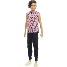 Barbie Ken Fashionistas Bambola #193, Capelli Castani, Felpa Fulmine, Pantaloni Neri, Scarpe per Bambini 3-8 Anni