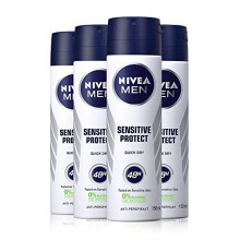 NIVEA MEN Anti-Perspirant Deodorant Spray Sensitive Protect Pack of 4 (4 x 150ml), Mens Antiperspirant Deodorant with 0% Alcohol, 48 Hour An
