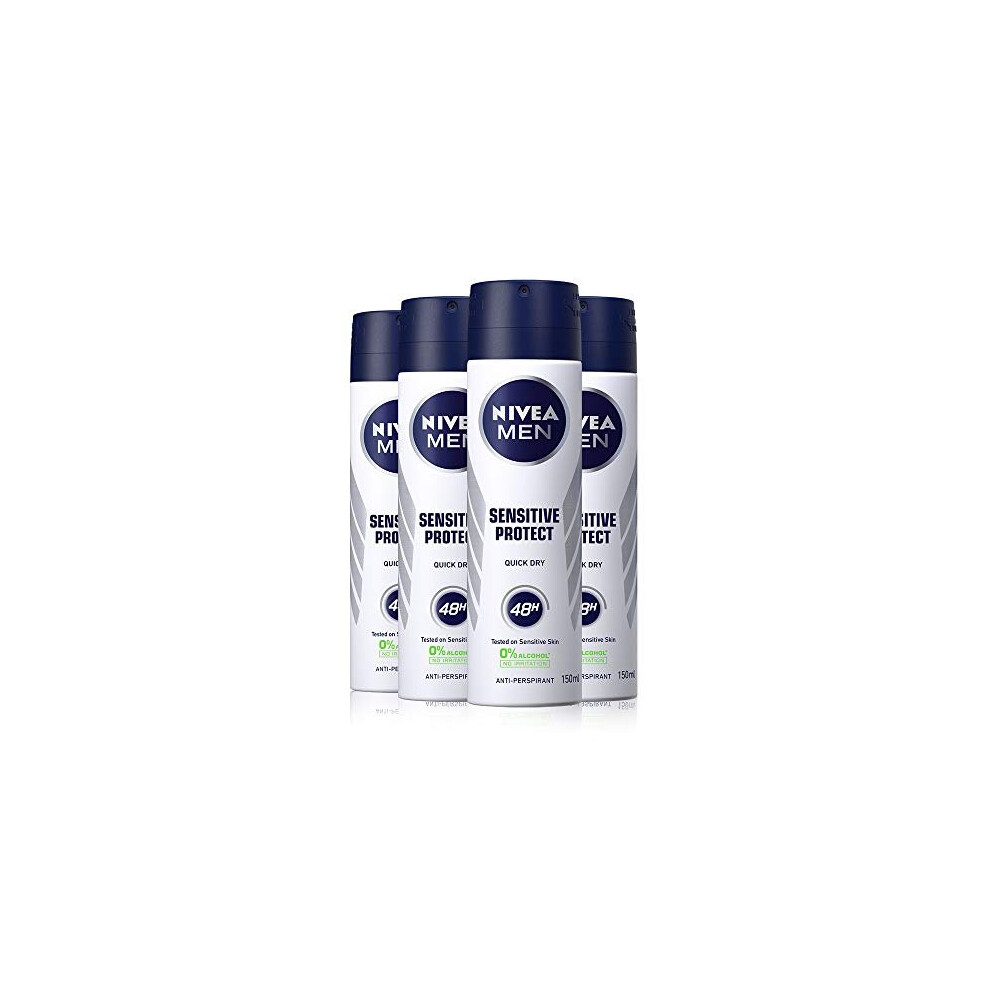 NIVEA MEN Anti-Perspirant Deodorant Spray Sensitive Protect Pack of 4 (4 x 150ml), Mens Antiperspirant Deodorant with 0% Alcohol, 48 Hour An