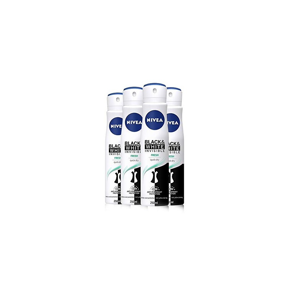 NIVEA Black & White Invisible Fresh Anti-Perspirant Deodorant Spray Pack of 4 (4 x 250ml), 48hr Fresh Fragrance Deodorant for Women, Anti-Pe