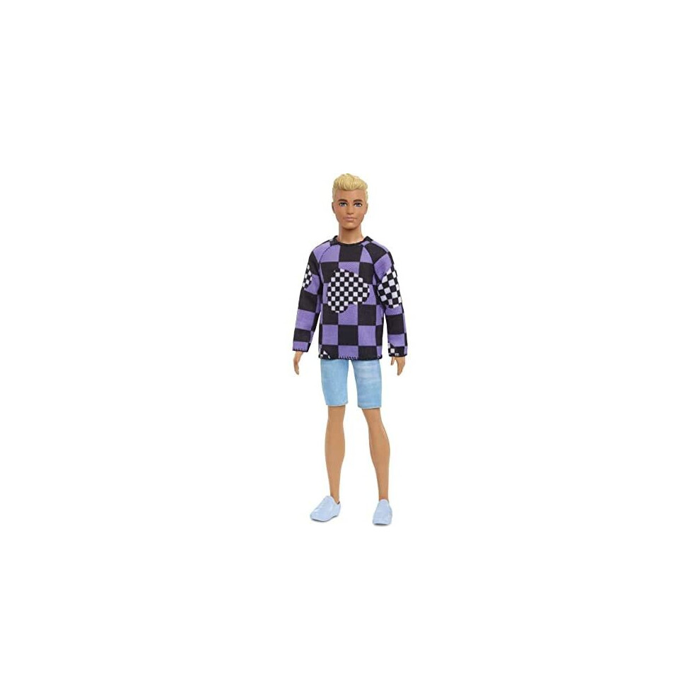 Barbie Ken Fashionistas Doll #191, Blonde Cropped Hair, Checkered Sweater, Denim Shorts, White Sneakers, Toy for Kids 3 to 8 Years Old