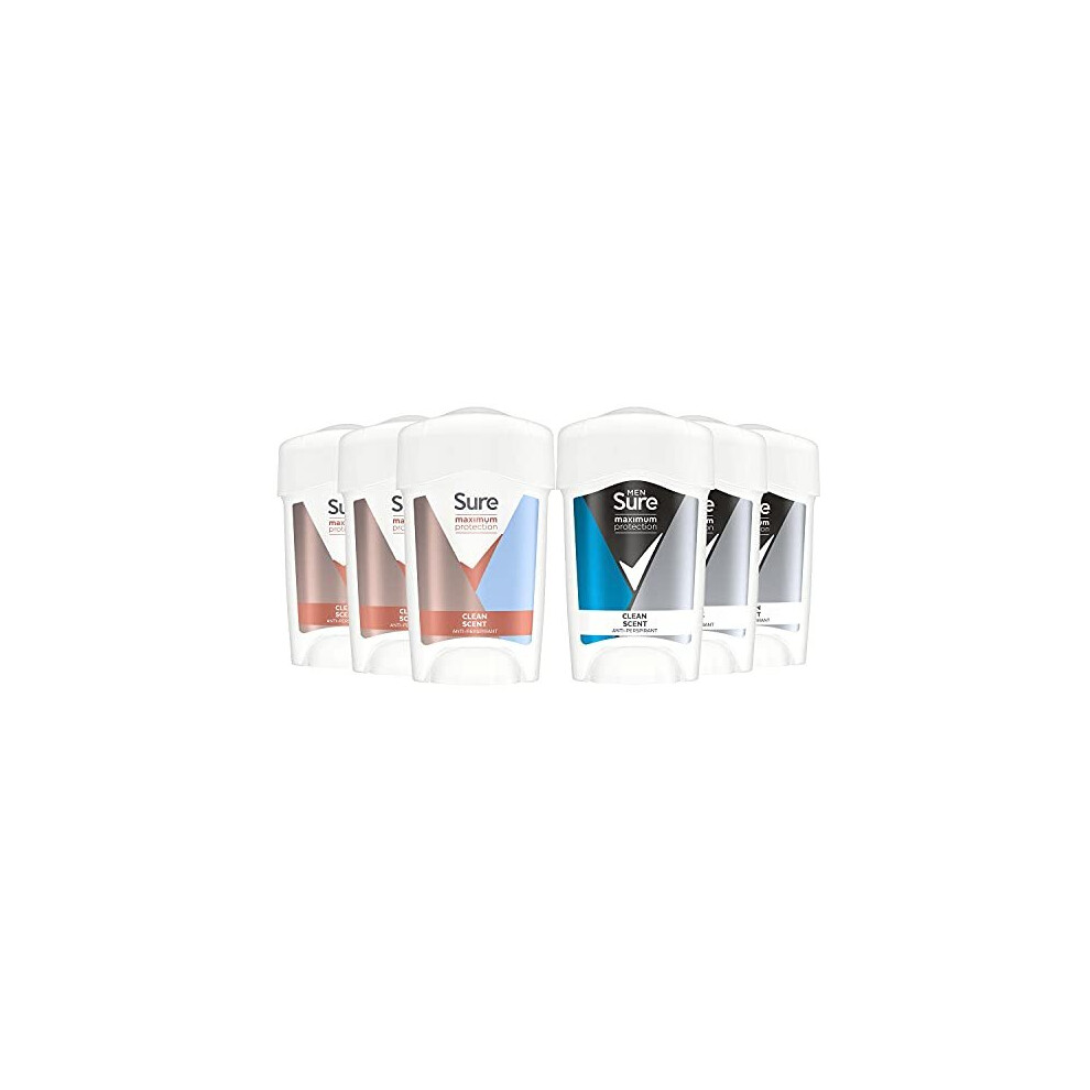 Sure Maximum Protection Clean Scent Deodorant Stick Pack for Couples - Pack of 6 x 45ml sticks (3 x Sure Maximum Protection Men, 3 x Sure Ma