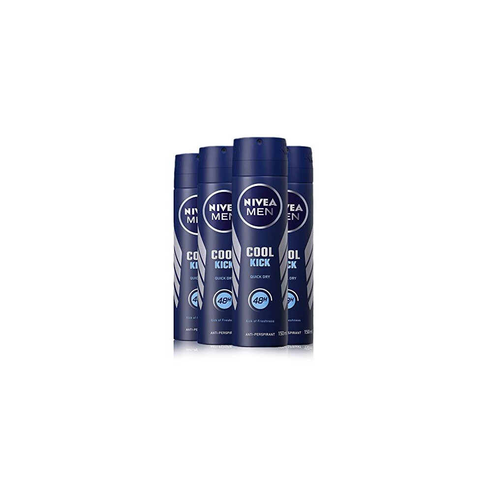 NIVEA MEN Cool Kick Anti-Perspirant Deodorant Spray Pack of 4 (4 x 150ml), Men's Anti-Perspirant Deodorant, Fresh 48H Protection Deodorant M