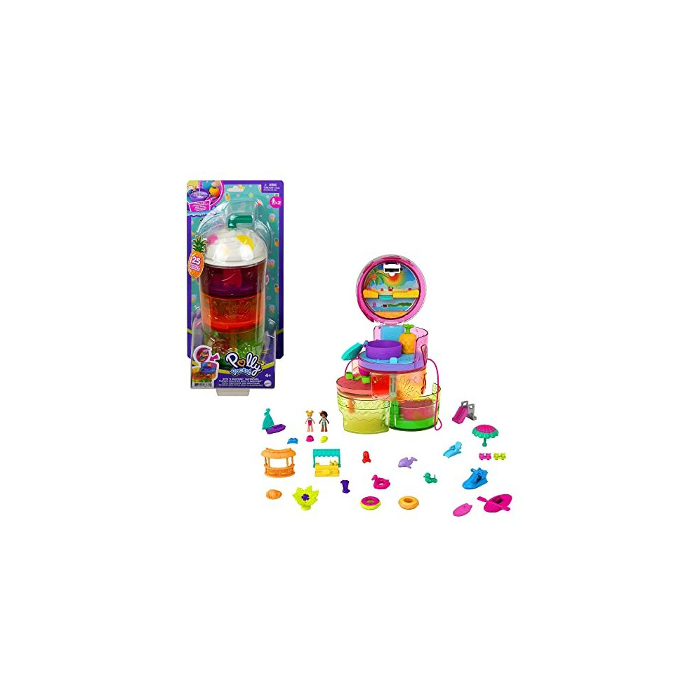 Polly Pocket Spin n Surprise Compact Playset, Tropical Smoothie Shape, Waterpark Theme, 3 Floors, 25 Surprise Accessories Including Polly &