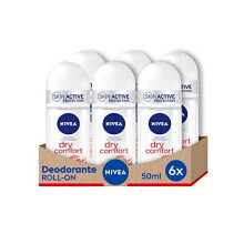 Nivea Dry Comfort Roll-On Deodorant in Pack of 6 x 50 ml, Antiperspirant, Dual Active Formula with Double Anti-Breathable