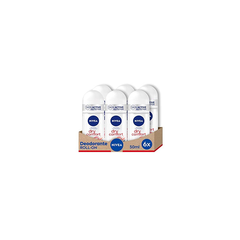 Nivea Dry Comfort Roll-On Deodorant in Pack of 6 x 50 ml, Antiperspirant, Dual Active Formula with Double Anti-Breathable