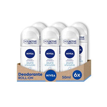 Nivea Pure Invisible Roll-On Deodorant in Pack of 6 x 50 ml, Antiperspirant, Gentle Fragrance, Regulates Transpiration and Leaves No Residue