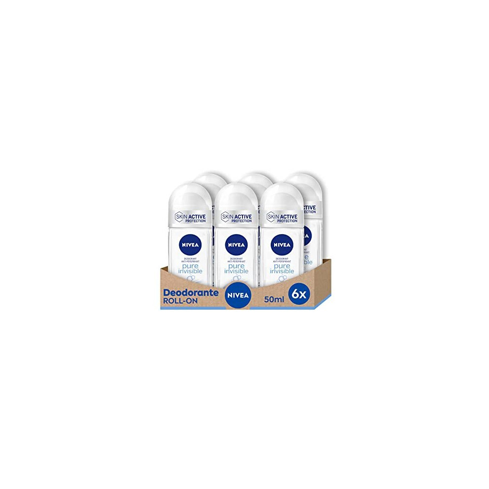 Nivea Pure Invisible Roll-On Deodorant in Pack of 6 x 50 ml, Antiperspirant, Gentle Fragrance, Regulates Transpiration and Leaves No Residue