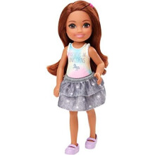 Barbie Club Chelsea-pop (15 cm bruin) met eenhoorn-thema grafische print en sterrenrok voor 3- tot 7-jarigen