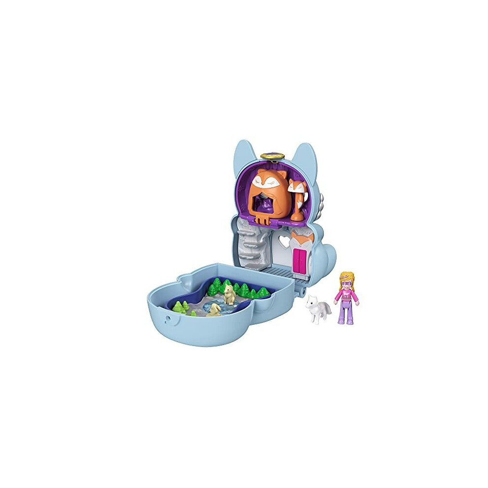 Polly Pocket Flip & Find Arctic Fox Compact, Dual Play Surfaces, Micro Polly Doll, Fox Figure, Surprise Reveals,Gift for Ages 4Y+, GTM57