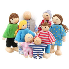 SumDirect Sets of 8 People Wooden Family Doll Toys, Lovely Happy Family Dolls Playset Doll House Accessories for Doll House Kids Children To