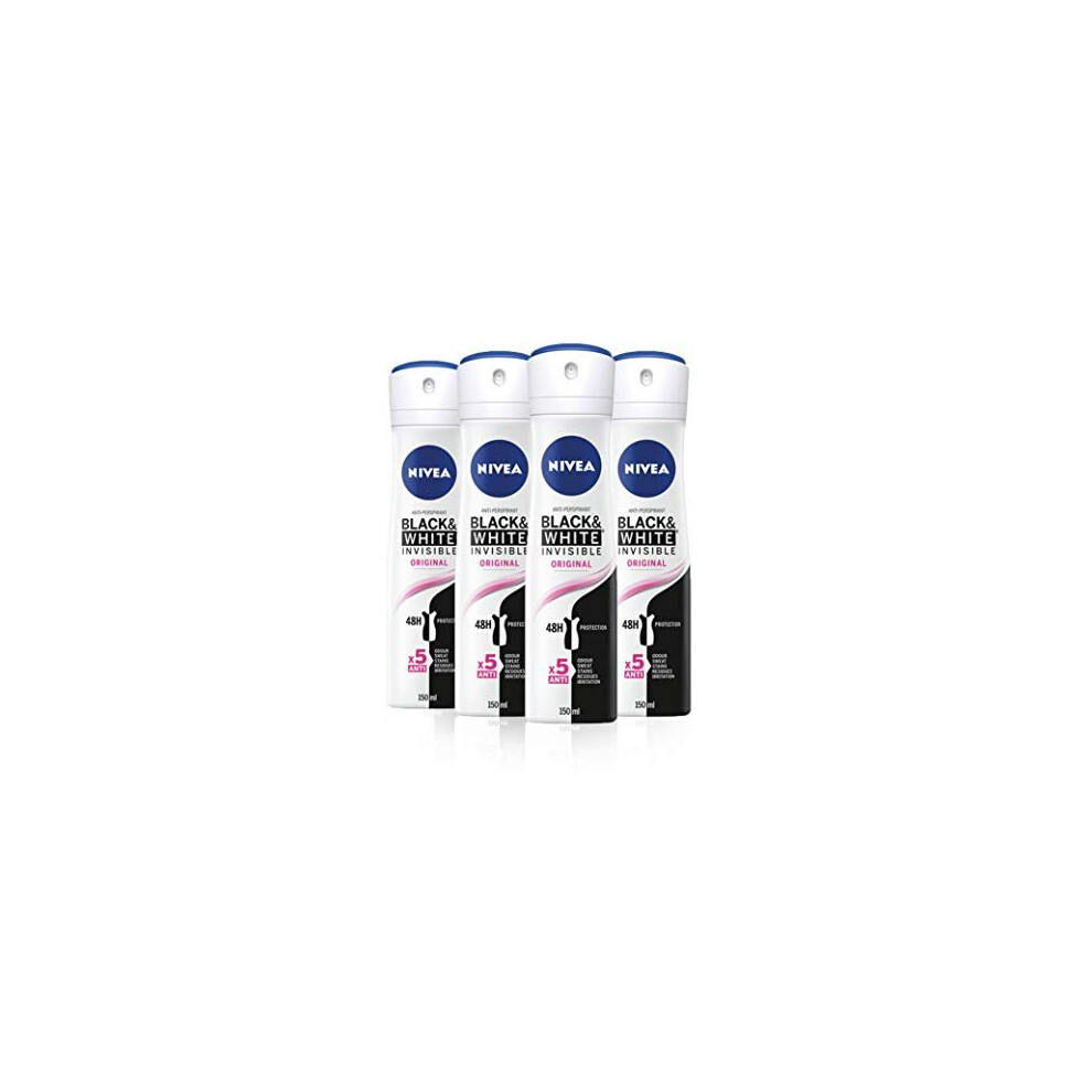 NIVEA Black & White Invisible Original Anti-Perspirant Deodorant Spray Pack of 4 (4 x 150ml), 48hr Deodorant for Women, Anti-Stain Womens An