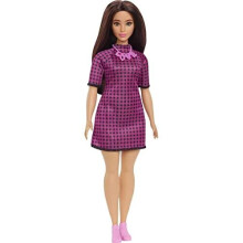 Barbie Fashionistas Puppe #188, kurvige Figur, schwarze Haare, karierter Kleid, rosa Sneakers & Halskette