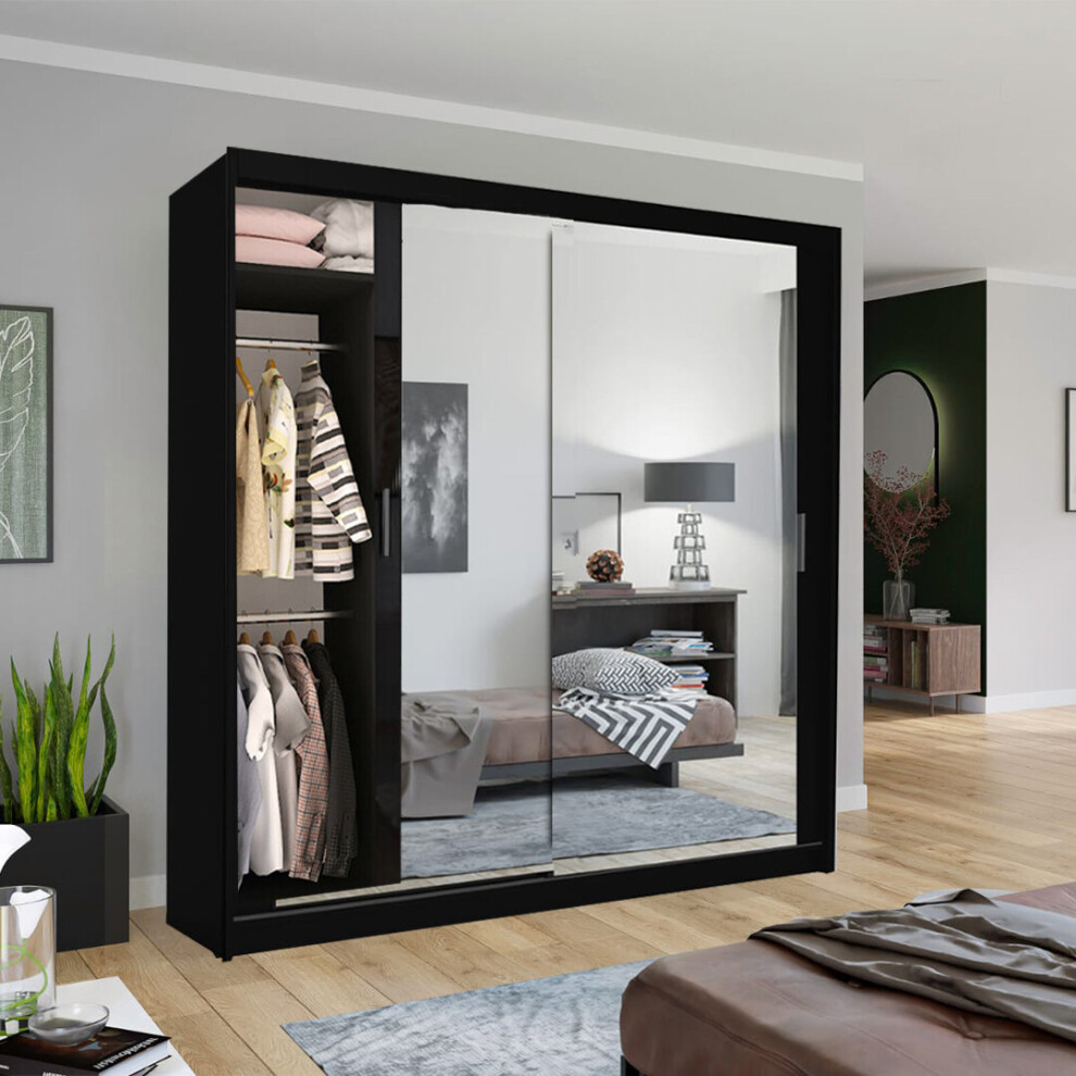 Black 150cm Double Mirror Sliding Door Wardrobe on OnBuy