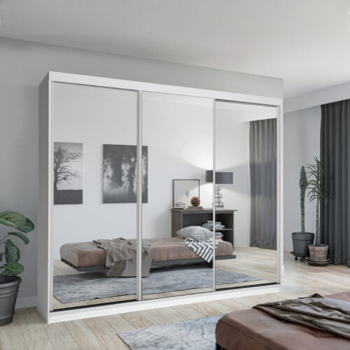 (White, 250cm) Double Mirror Sliding Door Wardrobe