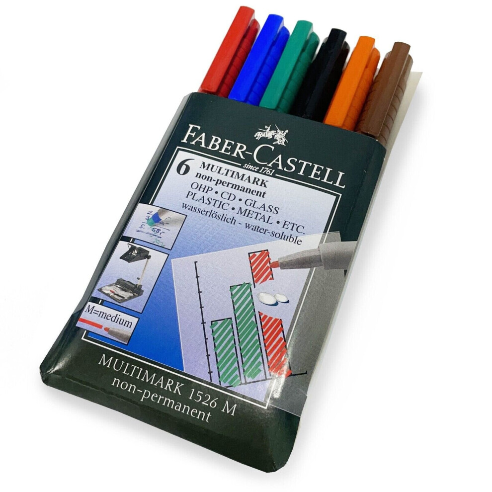 Faber-Castell 1526 Non-Permanent OHP Marker Pens - Medium - Wallet of 6 Colours