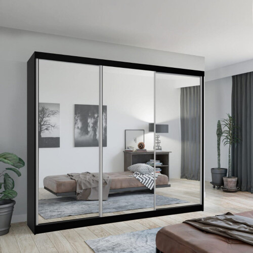 (Black, 250cm) Double Mirror Sliding Door Wardrobe
