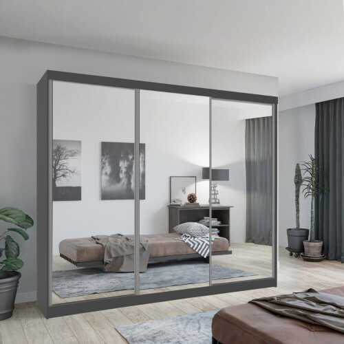 (Grey, 250cm) Double Mirror Sliding Door Wardrobe