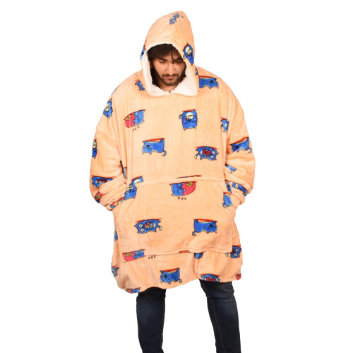 (Orange - Blue Cat) Unisex Blanket Hoodie Sherpa Fleece Ultra Plush