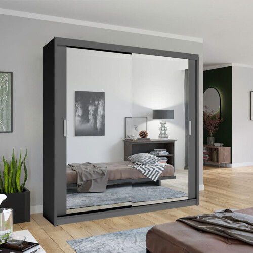 (Grey, 120cm) Double Mirror Sliding Door Wardrobe
