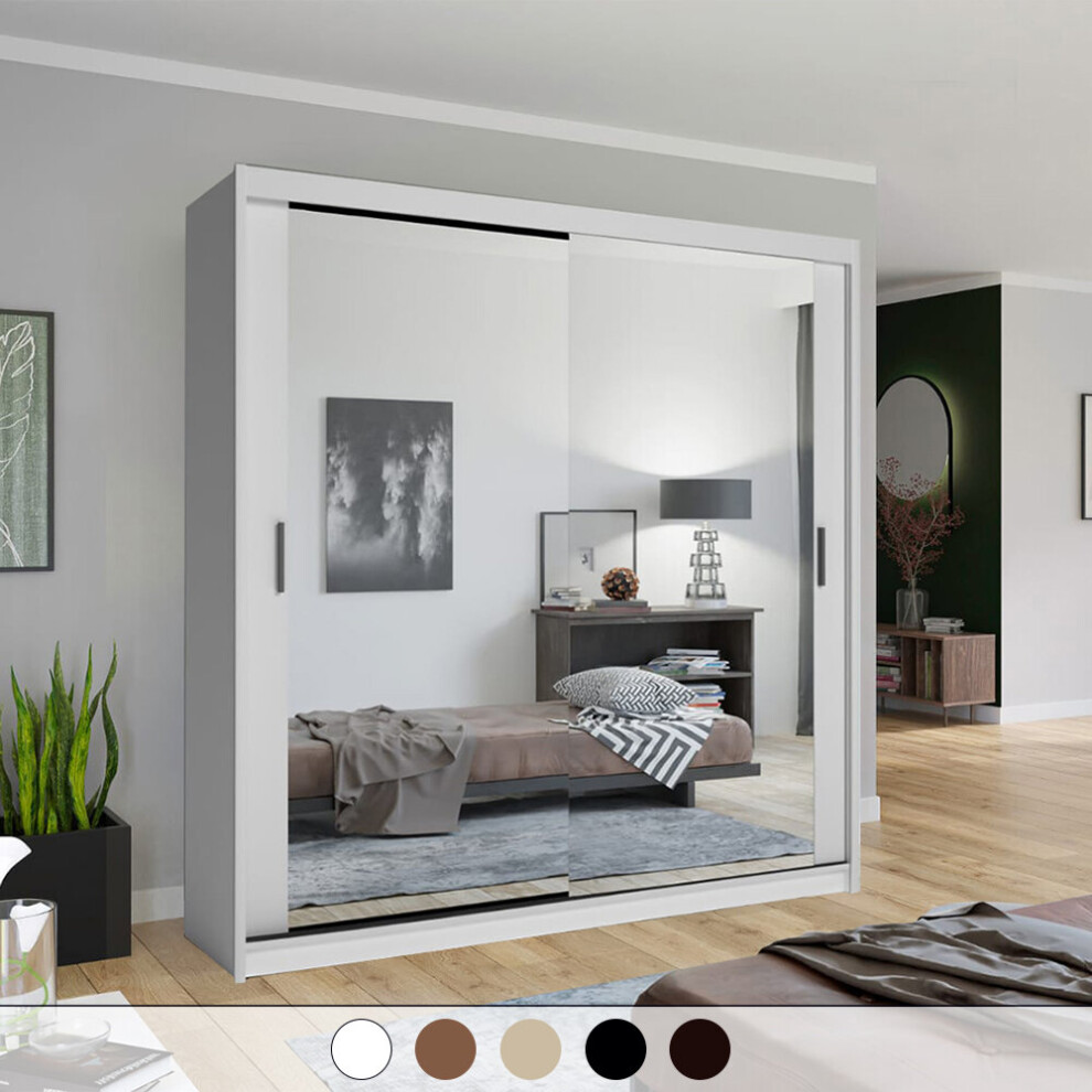 (White) Modern Mirrored Double Sliding Door Bedroom Wardrobe