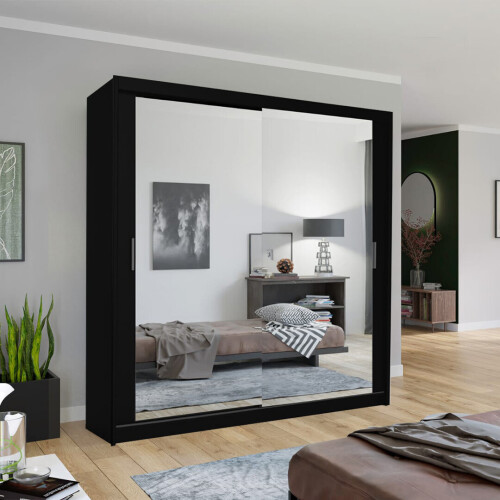 (Black) Modern Double Mirror Sliding Door Wardrobe - 90cm