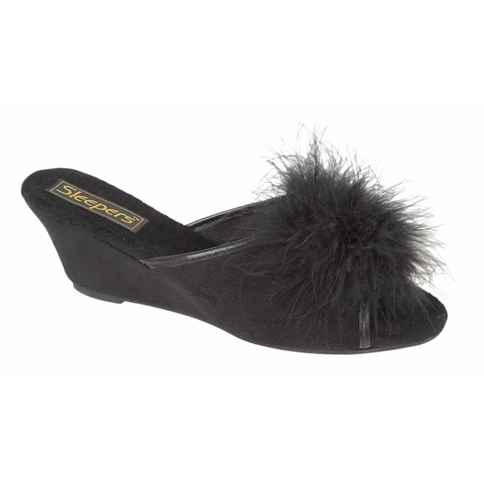 (4 UK, Black) Sleepers Womens Anne Jewelled Rosette Boa Mule Slipper