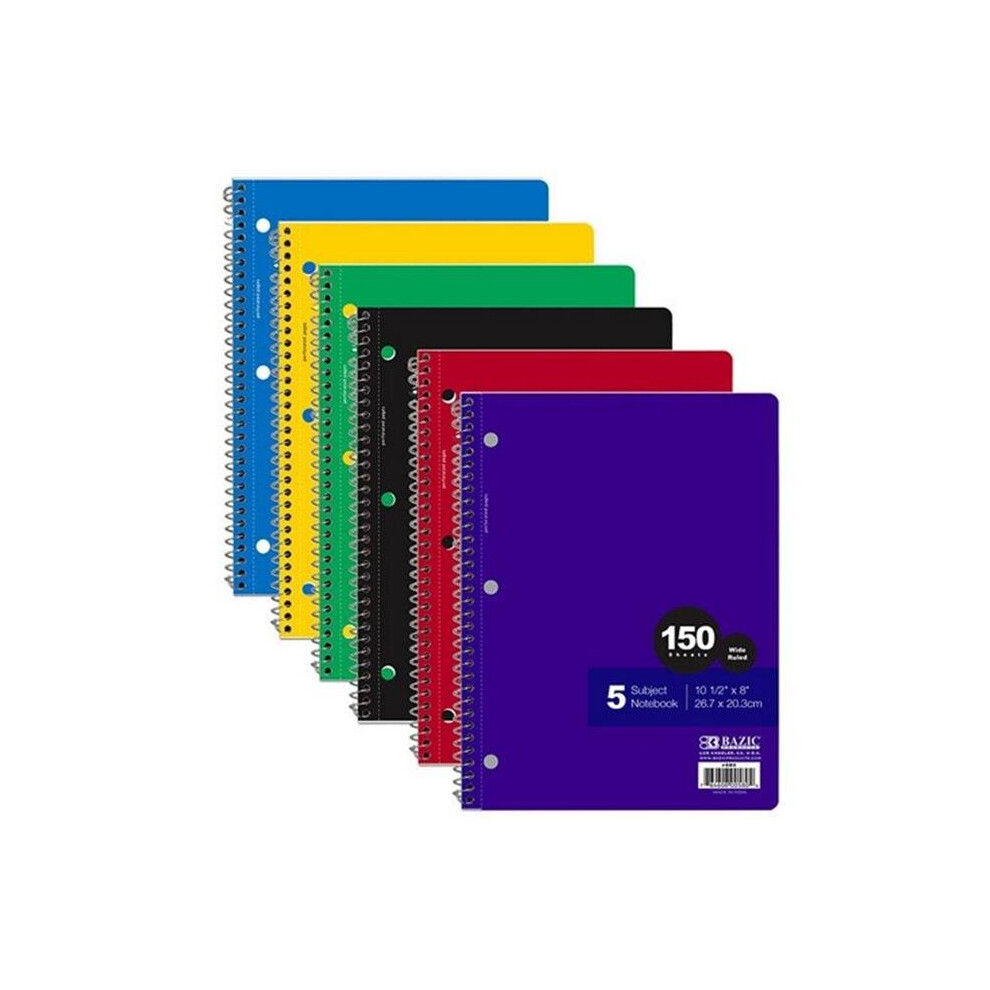 DDI 313148 BAZIC 5 Subject Wide Ruled Spiral Notebook - 24 Count  150 Sheets  Assorted Cover Colors Case of 24-image-OPC-PB685H6-NEW