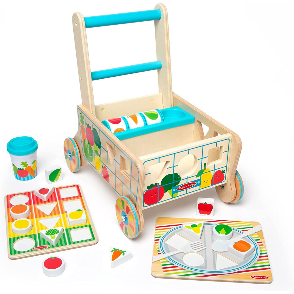 Melissa & Doug Wooden Shape Sorting Grocery Cart Push Toy And Puzzles